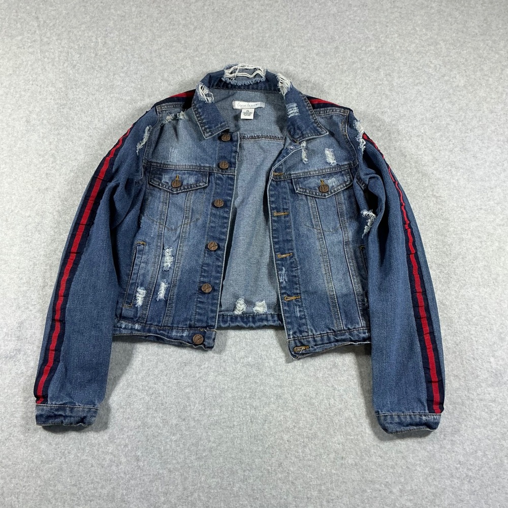 Crave Fame Almost Famous Distressed Denim Jacket Side Stripe Blue Red Small